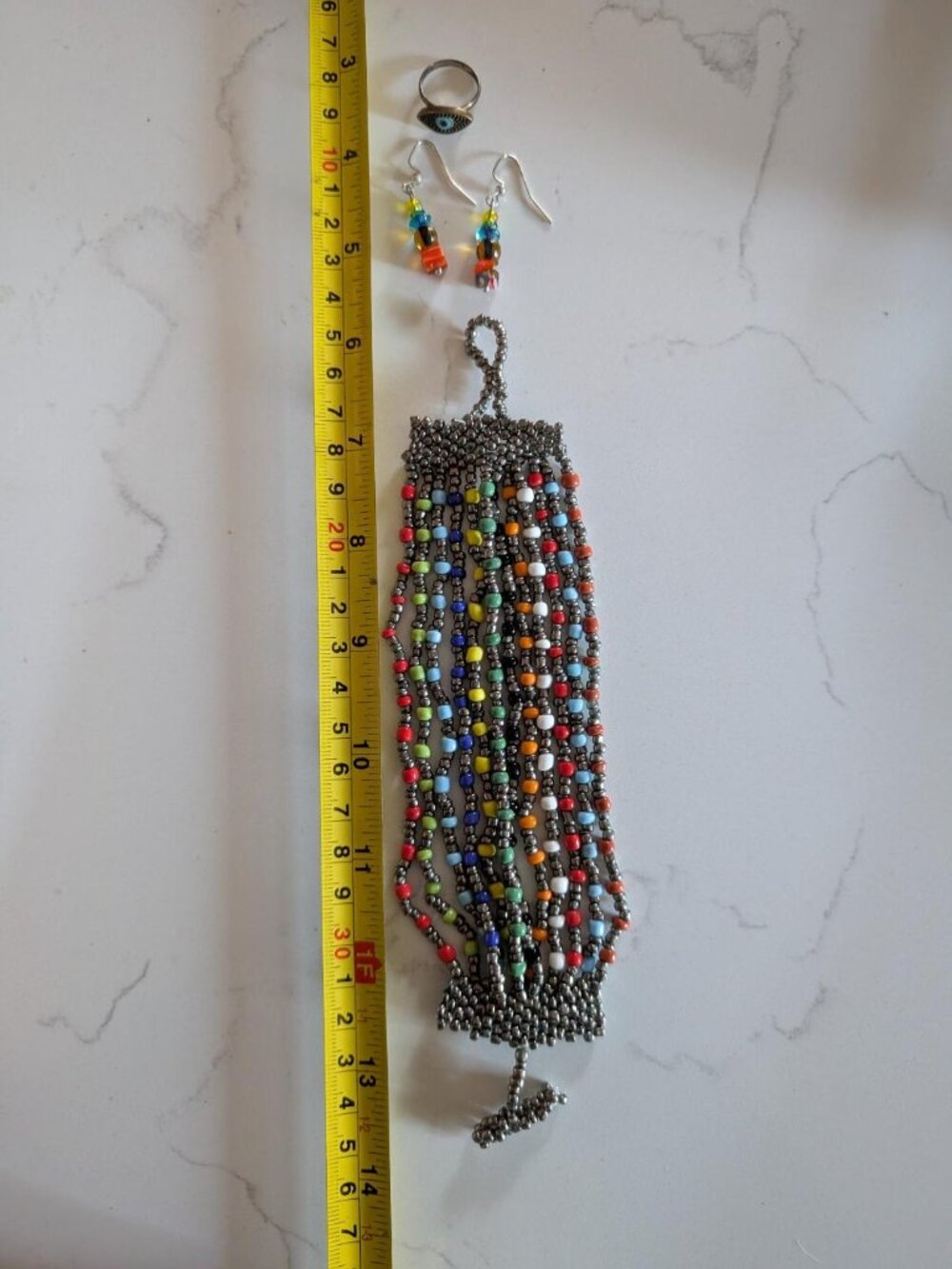 Vintage Multicolor Beaded Bracelet, Glass Earrings and Evil Eye Ring